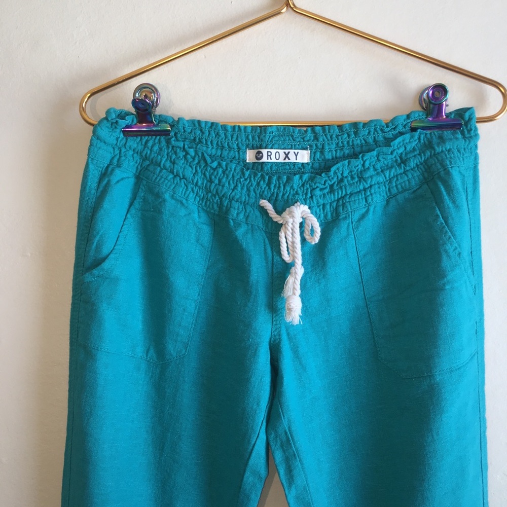 NWOT ROXY turquoise drawstring linen flare pants